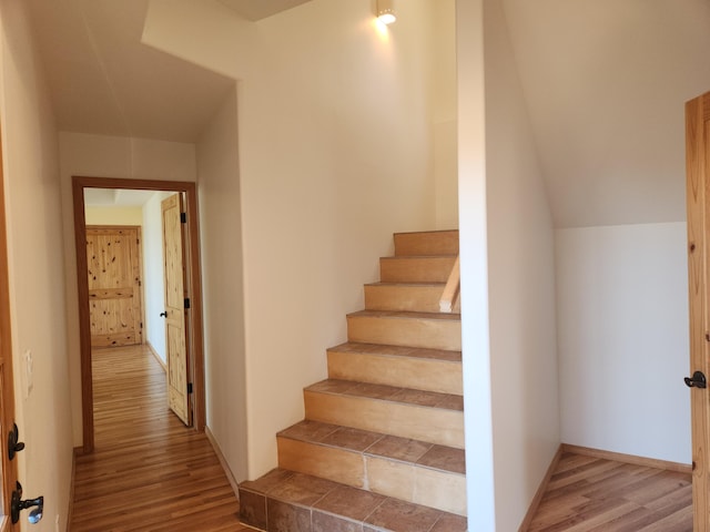 stairs with hardwood / wood-style flooring