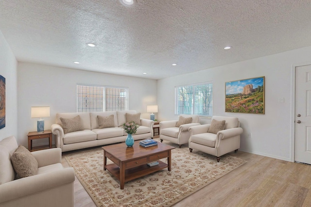 living room featuring a textured ceiling and light hardwood / wood-style floors