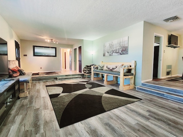 living room featuring hardwood / wood-style floors and a textured ceiling