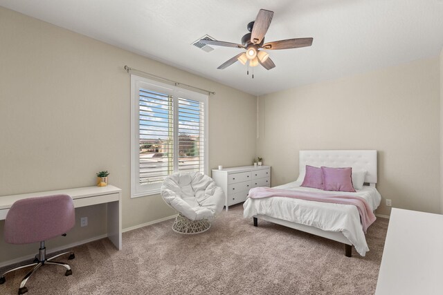 bedroom featuring ceiling fan and carpet flooring