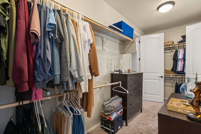 spacious closet featuring light colored carpet