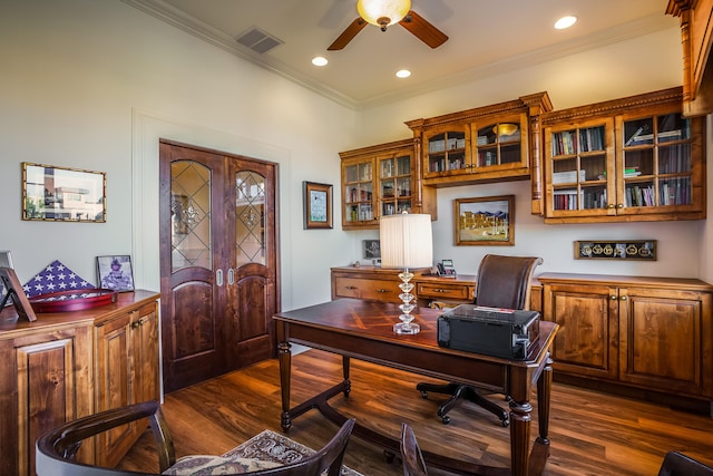 office area with dark hardwood / wood-style floors, ceiling fan, and crown molding