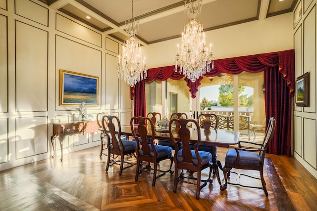 dining area featuring ornamental molding, parquet flooring, and an inviting chandelier