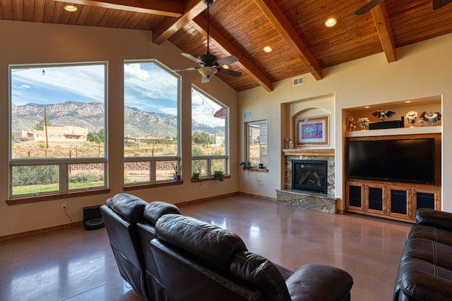 living room with beam ceiling, ceiling fan, high vaulted ceiling, a fireplace, and wood ceiling