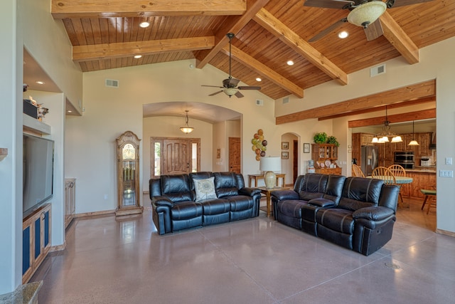 living room featuring ceiling fan with notable chandelier, beam ceiling, wood ceiling, and high vaulted ceiling