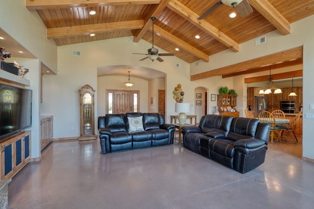 living room with ceiling fan with notable chandelier, beam ceiling, wooden ceiling, and high vaulted ceiling