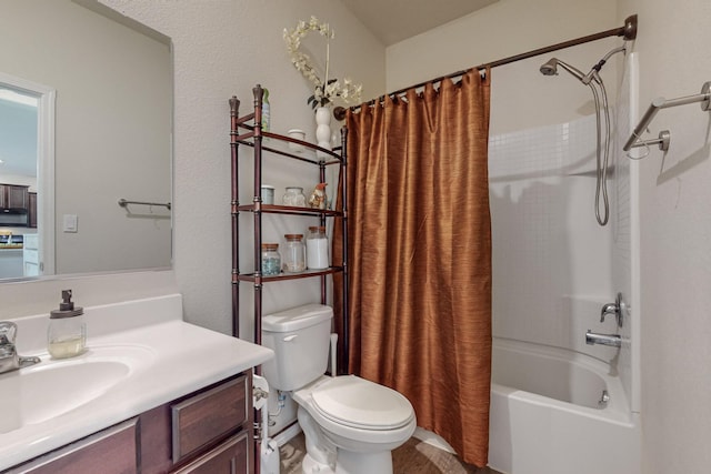 full bathroom with vanity, toilet, and shower / bath combo with shower curtain