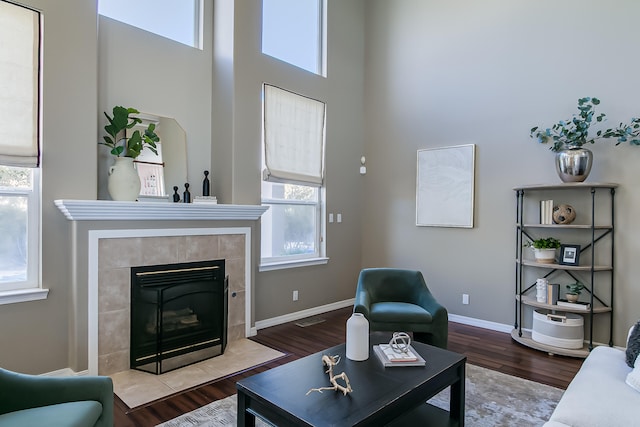 living room featuring hardwood / wood-style flooring and a fireplace