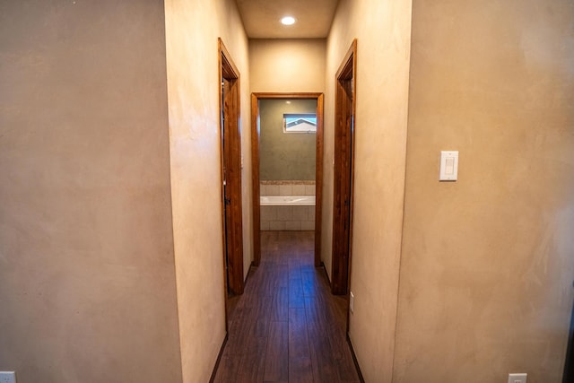 hallway with dark wood-type flooring