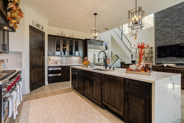 kitchen featuring premium appliances, sink, light wood-type flooring, pendant lighting, and a center island with sink