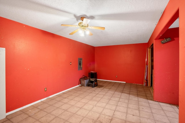 unfurnished room with ceiling fan, a textured ceiling, and electric panel