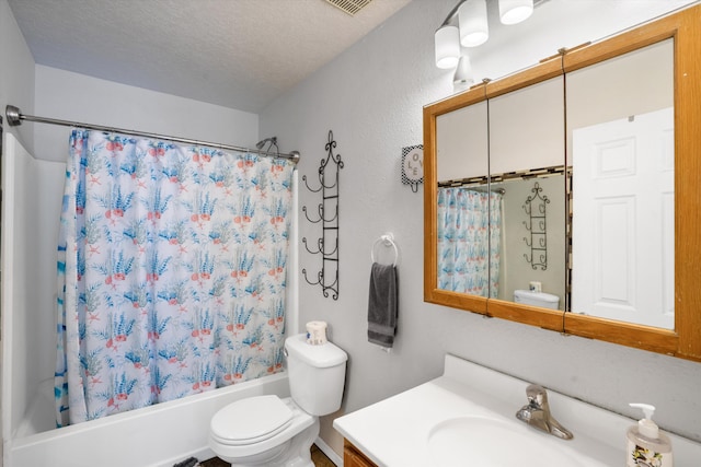 full bathroom with vanity, shower / bathtub combination with curtain, a textured ceiling, and toilet