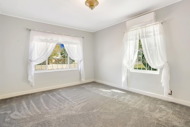 carpeted spare room with a wall mounted AC and crown molding