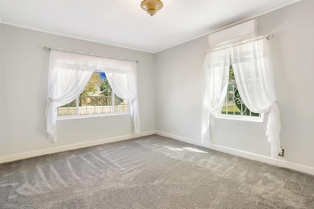 carpeted empty room featuring crown molding, baseboards, and a wall mounted AC