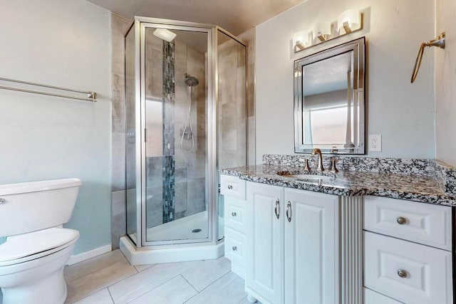 bathroom with tile patterned floors, an enclosed shower, vanity, and toilet