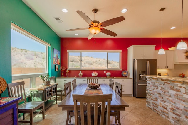 dining area featuring light tile patterned floors, recessed lighting, ceiling fan, and visible vents
