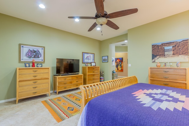 bedroom with baseboards, recessed lighting, and ceiling fan