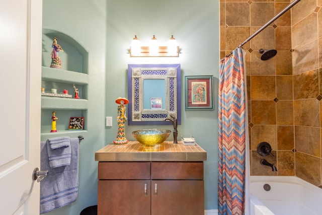 full bath featuring shower / bath combination with curtain and vanity