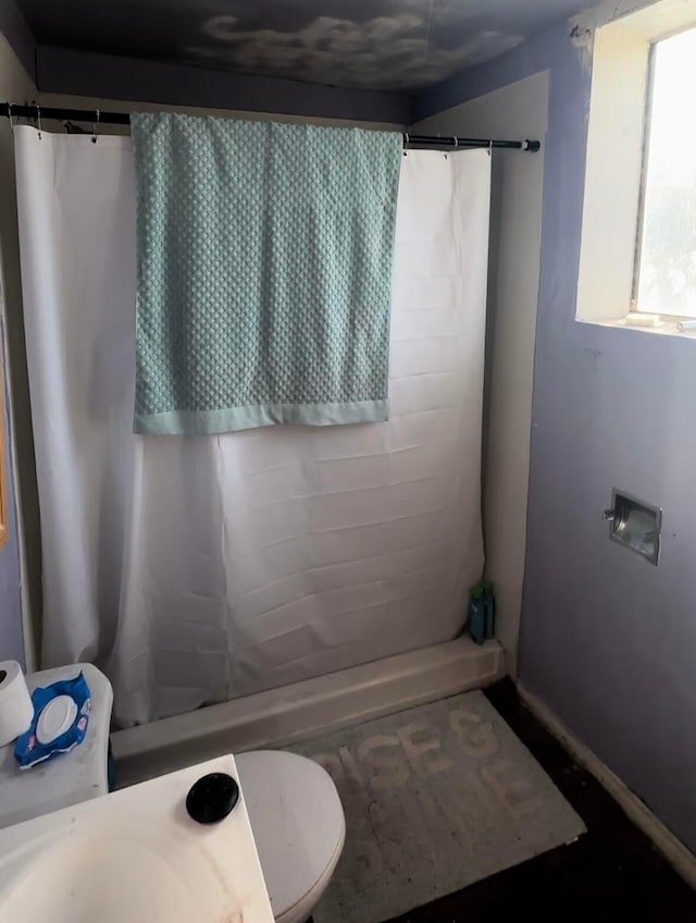 bathroom with toilet and a shower with shower curtain