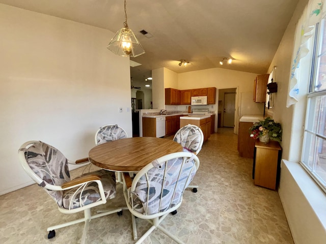 dining space with sink and vaulted ceiling