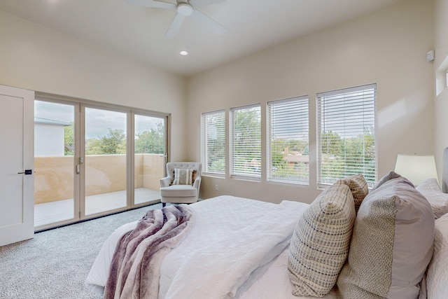 bedroom featuring access to outside, carpet, and ceiling fan