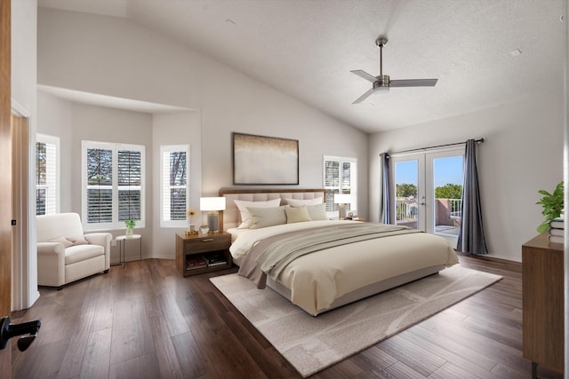 bedroom featuring a textured ceiling, access to outside, ceiling fan, high vaulted ceiling, and dark hardwood / wood-style floors