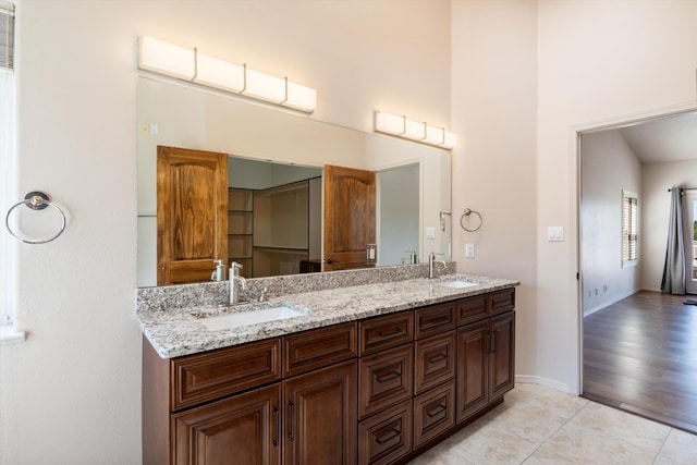 bathroom with vanity and wood-type flooring