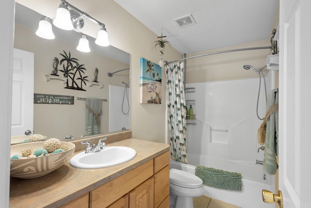 full bathroom with a textured ceiling, toilet, vanity, shower / bathtub combination with curtain, and tile patterned flooring