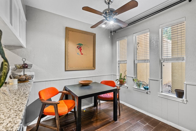 dining room with dark hardwood / wood-style floors and ceiling fan