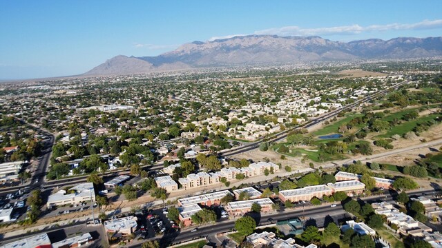 drone / aerial view featuring a mountain view