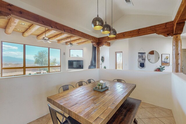 dining space with wooden ceiling, ceiling fan, light tile patterned floors, and vaulted ceiling