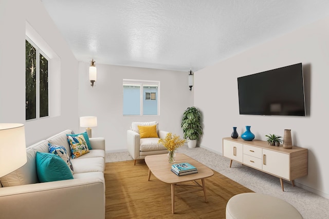 carpeted living room with a textured ceiling