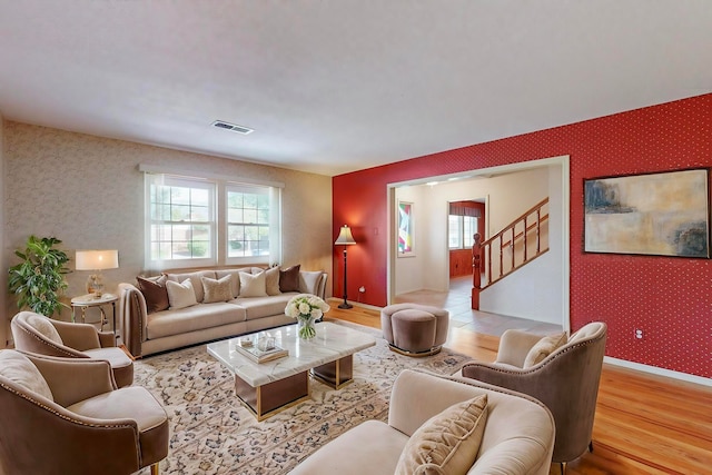 living room with light wood-type flooring