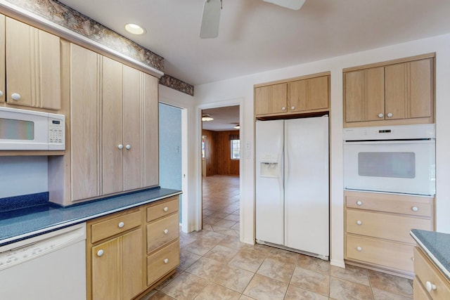 kitchen with light brown cabinets, white appliances, ceiling fan, and light tile patterned floors