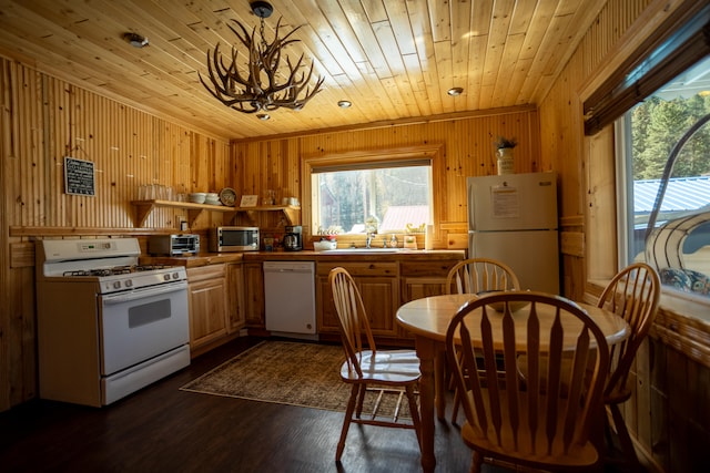 kitchen with wood ceiling, dark hardwood / wood-style flooring, sink, wooden walls, and white appliances