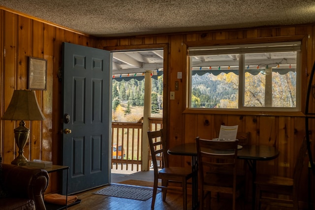 doorway to outside featuring wood walls, a textured ceiling, and dark hardwood / wood-style flooring