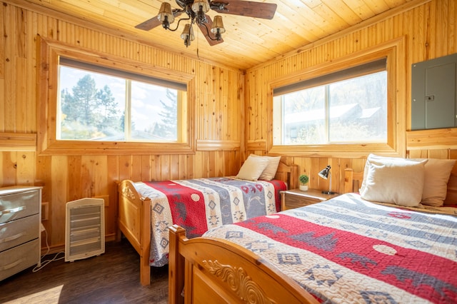 bedroom with wood walls, wood ceiling, ceiling fan, electric panel, and dark hardwood / wood-style floors