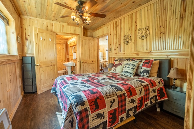 bedroom with dark wood-type flooring, ceiling fan, wood walls, and wooden ceiling