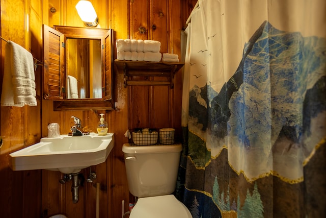 bathroom with toilet, wooden walls, and sink