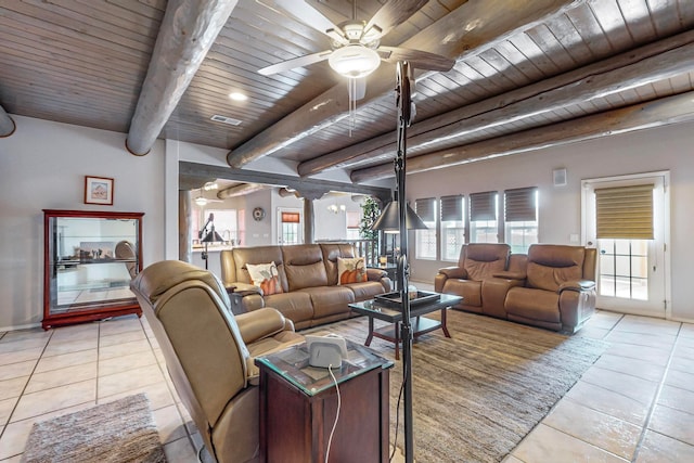 tiled living room with wood ceiling, beam ceiling, and ceiling fan