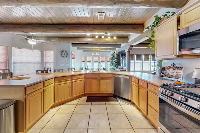 kitchen featuring beam ceiling, kitchen peninsula, stainless steel appliances, sink, and light tile patterned floors