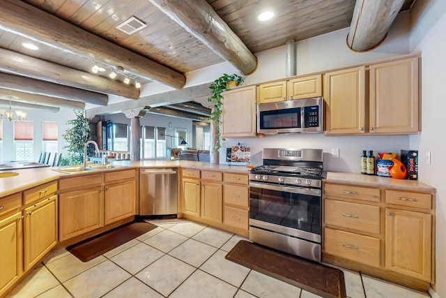 kitchen with sink, light tile patterned flooring, stainless steel appliances, wooden ceiling, and beam ceiling