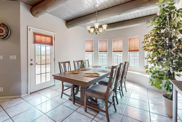 tiled dining room with beamed ceiling, a chandelier, and wooden ceiling