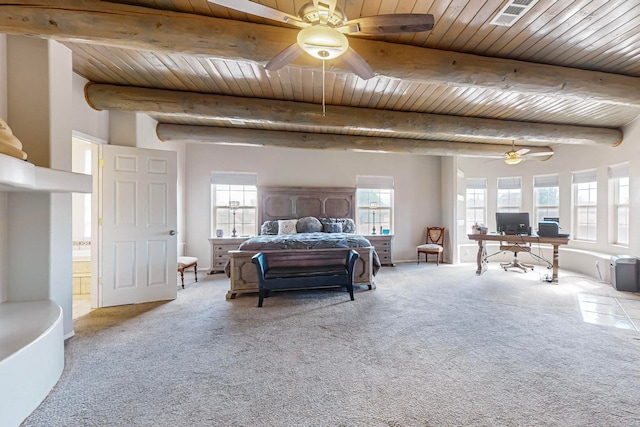 carpeted bedroom with wood ceiling, beamed ceiling, and ceiling fan