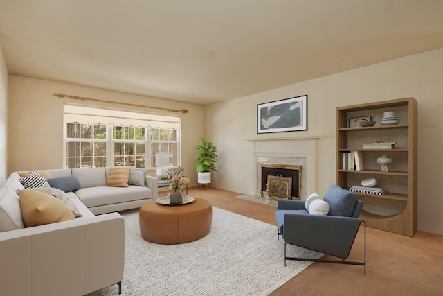 carpeted living room featuring a fireplace