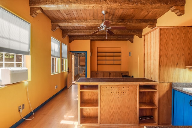 kitchen featuring light hardwood / wood-style flooring, ceiling fan, wooden ceiling, cooling unit, and beam ceiling