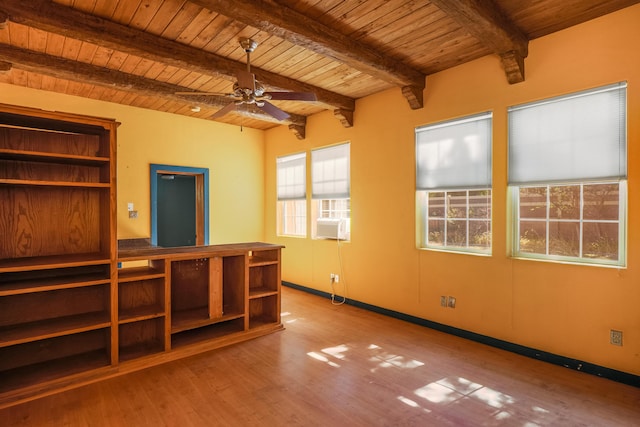 spare room featuring light hardwood / wood-style flooring, ceiling fan, wooden ceiling, and beam ceiling