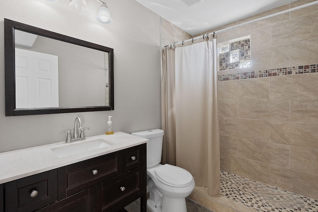 bathroom featuring a shower with curtain, toilet, and vanity