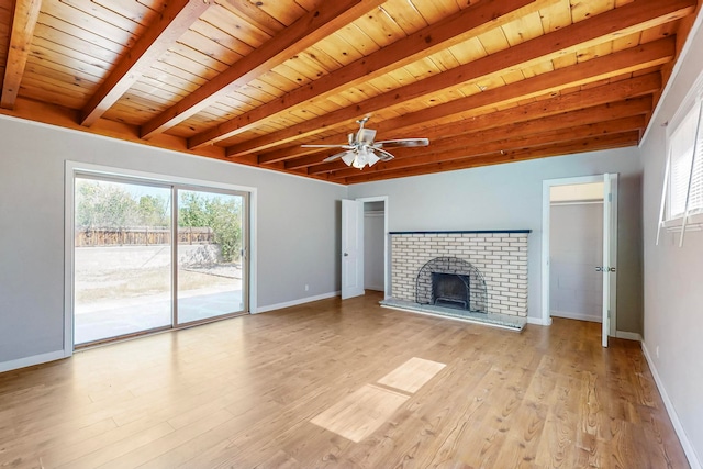 unfurnished living room featuring light hardwood / wood-style floors and wooden ceiling