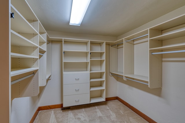 walk in closet with light carpet